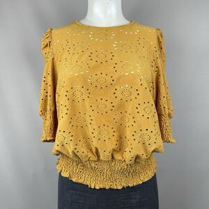 Lark and Grey Eyelet Blouse/Top Women's XL Yellow Cottage Fairy Modern Boho